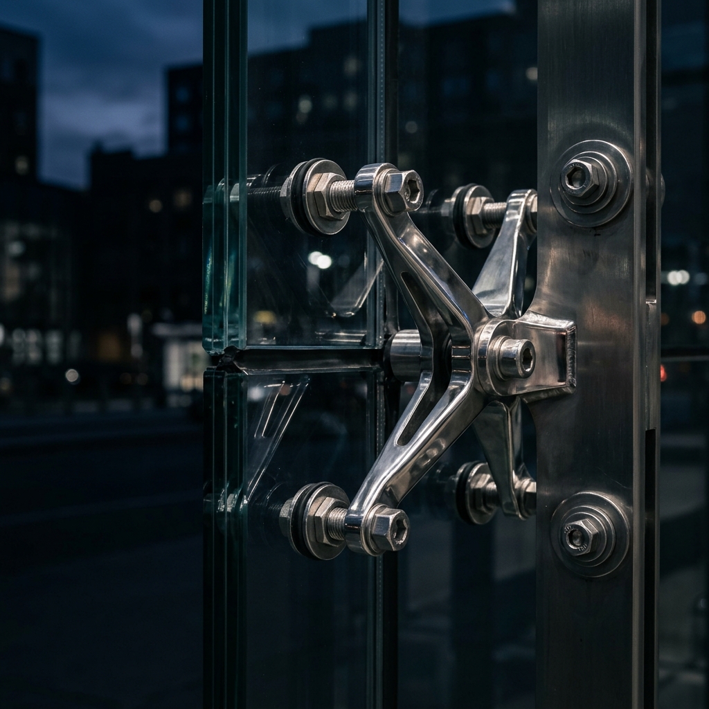 Precision stainless steel spider fitting on glass facade
